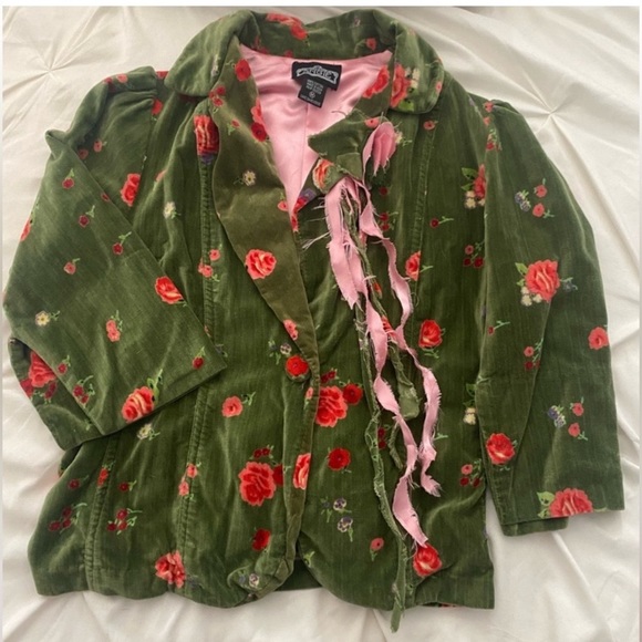 Anthropologie Jackets & Blazers - ANGIE Blazer Cotton Velvet Removable Lapel Pin Green Pink Red Floral Size Medium
